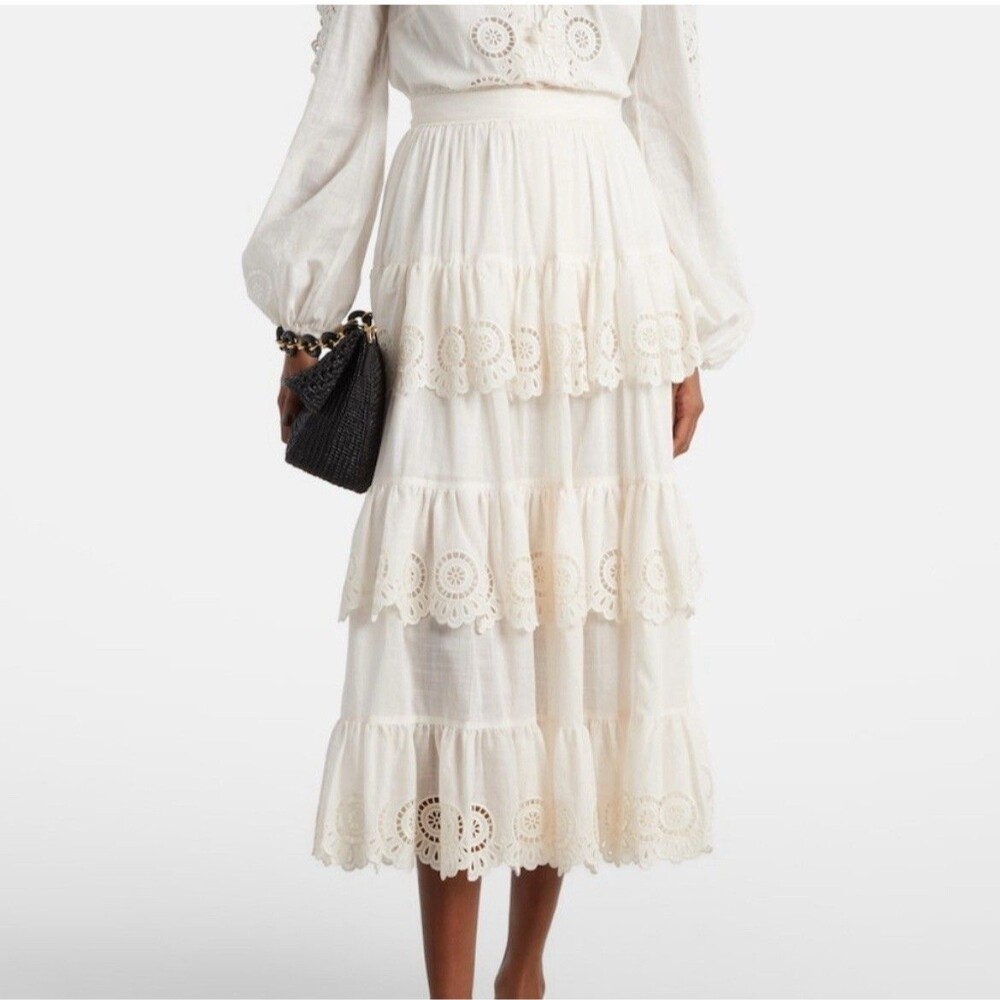 Zimmermann Lucky Cream Cotton Tiered Embroidered Midi Skirt Formal Vacation 0